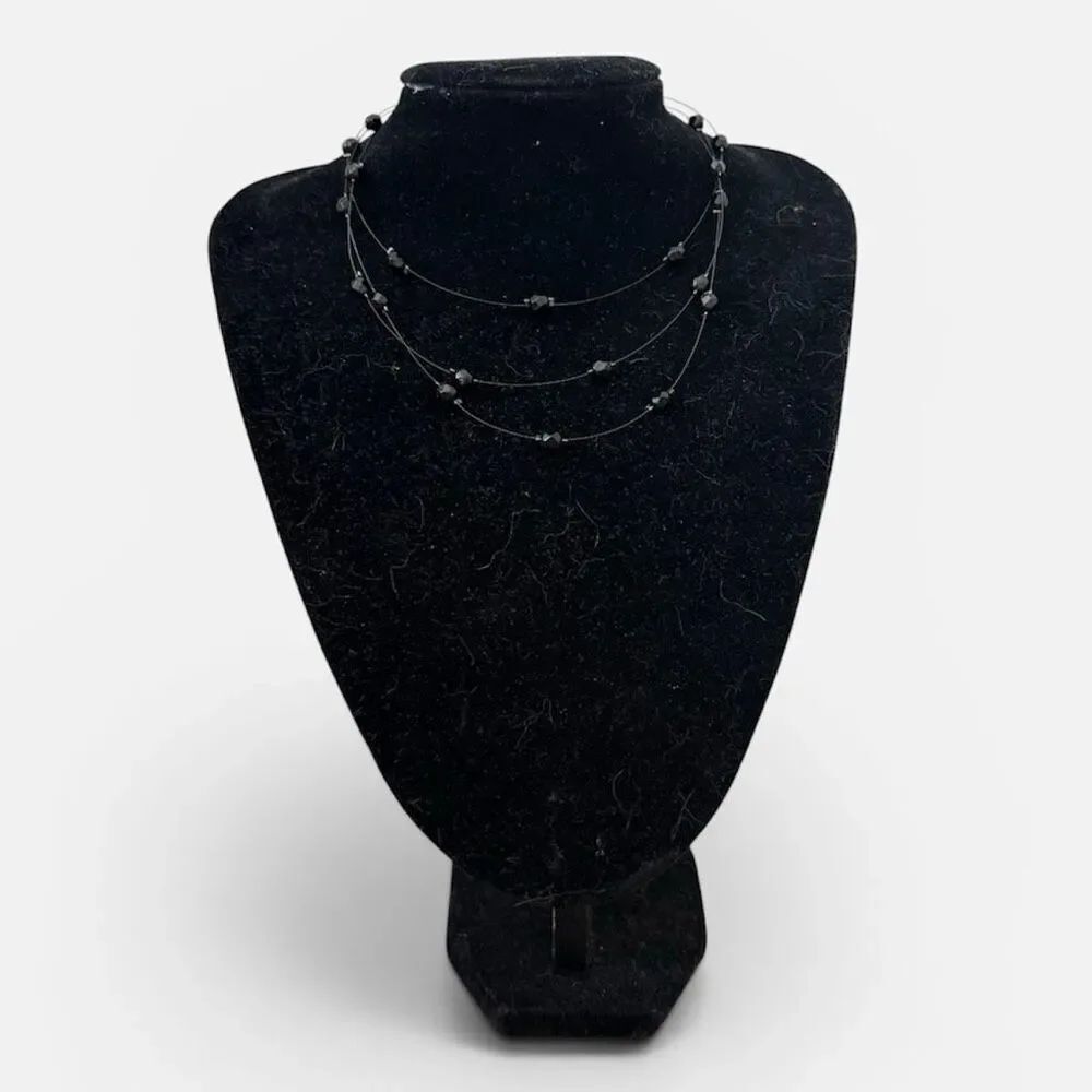 Vintage Y2K Invisible Bead Beaded Layered Black Bib Necklace Choker